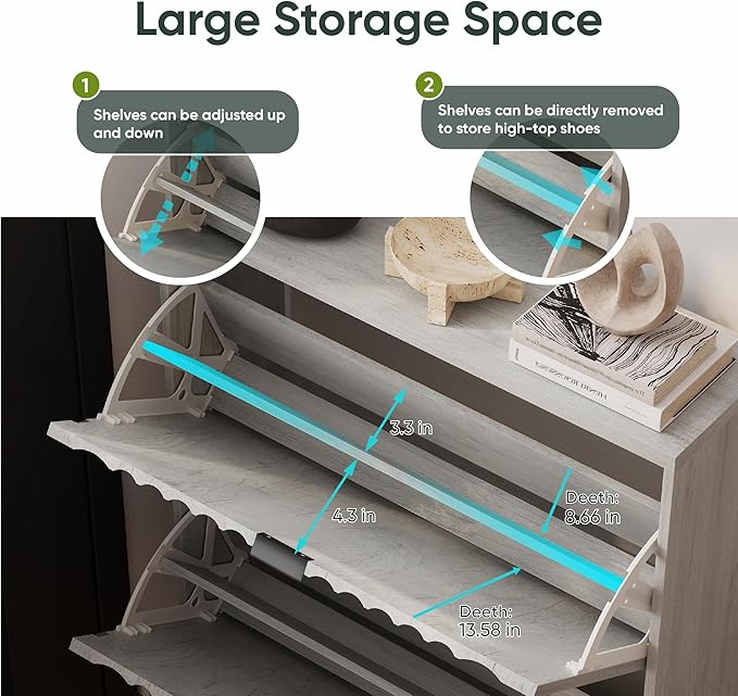 Fluted Shoe Cabinet for Entryway with 2 Flip Drawers, Narrow Wood Shoe Storage Cabinet, Freestanding Hidden Shoe Organizer for Foyer, Hallway, Grey