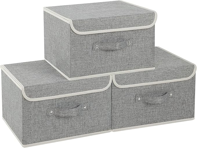 Fabric Storage Bins Cube Organizers with Flip-Top Lid and Handles,Storage Boxes for Organizing Home,Office,and Closet,Grey,3 Pack 13 X 9.1 X 7.9 in-NeatNest