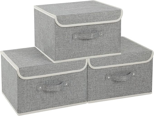 Fabric Storage Bins Cube Organizers with Flip-Top Lid and Handles,Storage Boxes for Organizing Home,Office,and Closet,Grey,3 Pack 13 X 9.1 X 7.9 in-NeatNest