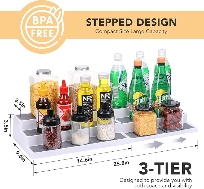 3 Tier Expandable Spice Rack Organizer, Plastic Spice Rack, Adjustable Length 14.6In-25.8In, Non-Skid Tiered Spice Shelf Organizer for Kitchen Cabinet, Cupboard, Pantry, White/Grey-NeatNest