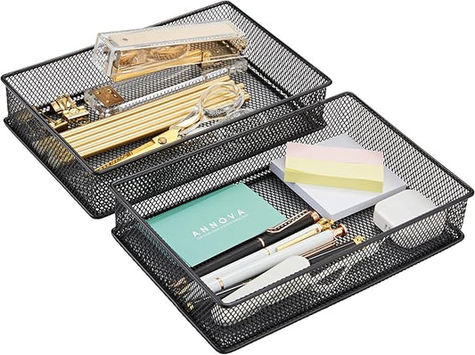 Annova Mesh Stackable Drawer Cabinet and Shelf Organizer Bins Storage Basket School Office Supply Holder Tray- Set of 2 (Black, 6x9x2 Inch)-NeatNest