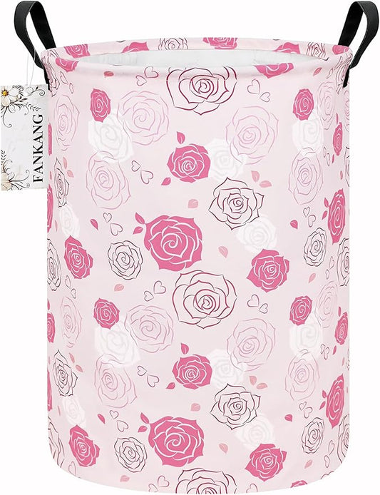 FANKANG Storage Basket, Nursery Hamper Canvas Laundry Basket Foldable with Waterproof PE Coating Large Storage Baskets for Kids Boys and Girls, Office, Bedroom, Clothes,Toys(Pink roses)