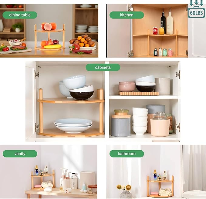 Expandable Bamboo Corner Shelf for Cabinet - 2-5 Tiers Plate Organizer, Kitchen Space Saver, Minimal Tool Assembly (Powered by Gogogo) (Natural, 6.7" H(3 Tier))-NeatNest