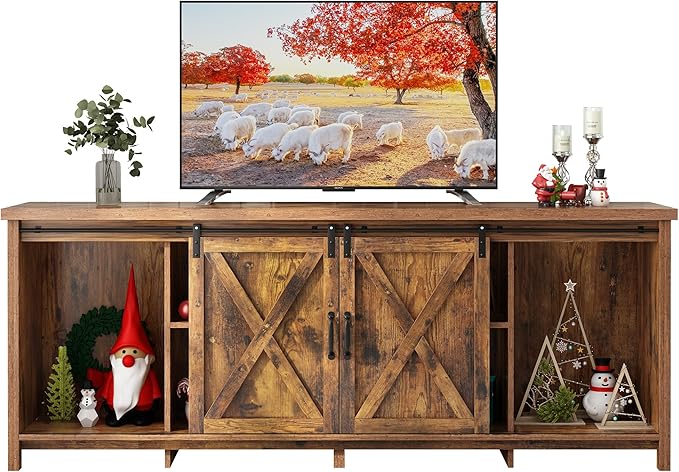 70" Farmhouse TV Stands for 70 75 80inch TV w/Adjustable Shelves,Sliding Barn Door.Wooden Entertainment Center,TV Console Cabinet with Storage for Bedroom Living Room(Brown 70in)-NeatNest
