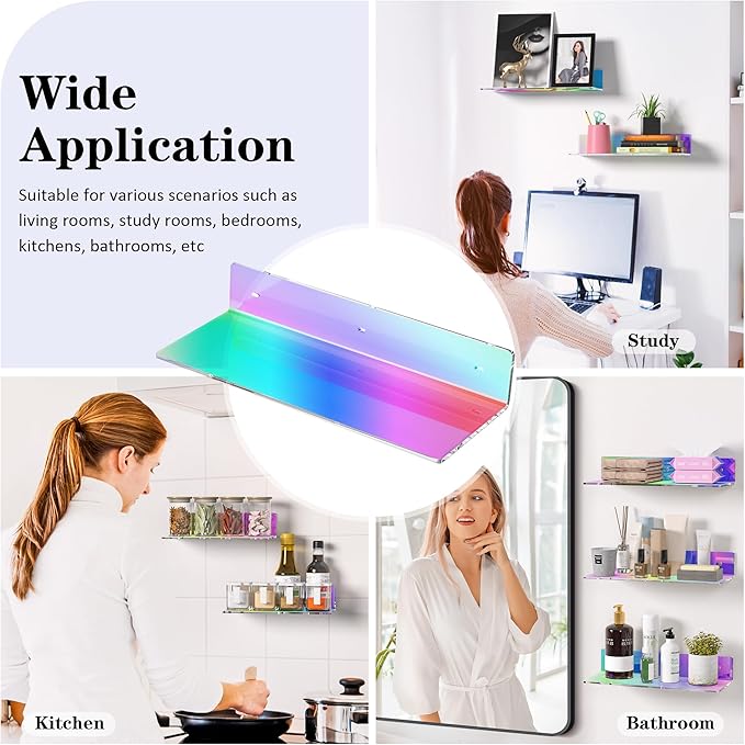 2 Pack Iridescent Acrylic Floating Shelves 15 Inches, Wall Hanging Bathroom Shelves, Wall Storage Shelf for Kitchen, Dining Room, Living Room, Bedroom, Bathroom, Retail, Supermarket-NeatNest
