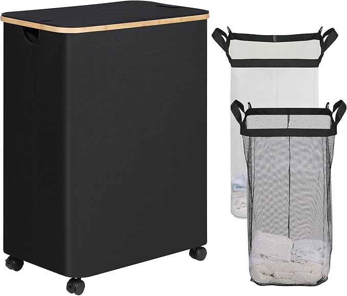 efluky Double Laundry Hamper with Wheels, Divided Laundry Hamper with Removable Bags, 2 Section Dirty Clothes Basket with Handles for Bathroom, Bedroom & Laundry Room, 160L Dark Black-NeatNest