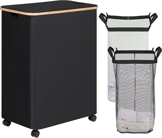 efluky Double Laundry Hamper with Wheels, Divided Laundry Hamper with Removable Bags, 2 Section Dirty Clothes Basket with Handles for Bathroom, Bedroom & Laundry Room, 160L Dark Black-NeatNest