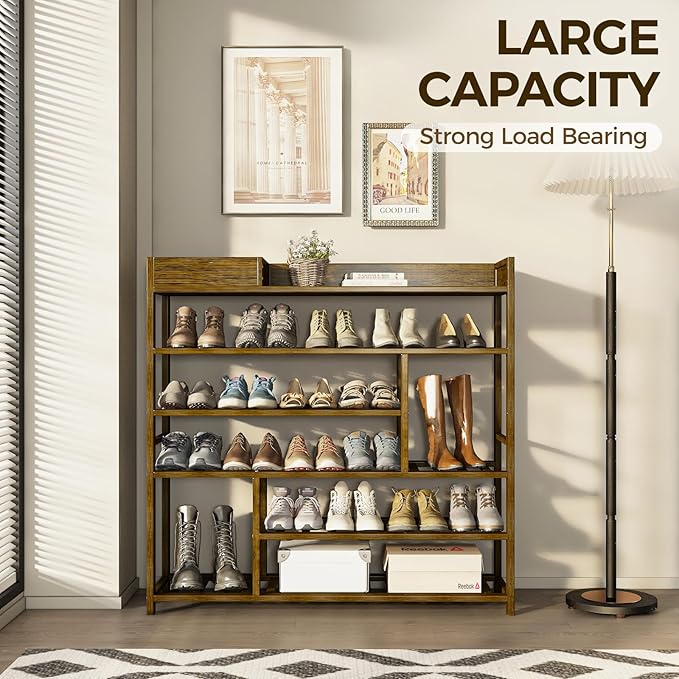 Bamworld Shoe Rack for Front Door Entrance Bamboo Shoe Organizer with Storage Box Free Standing Shoe Cabinet Wooden Shoe Storage Shelf for entryway, Closet and Doorway (Dark Brown)-NeatNest