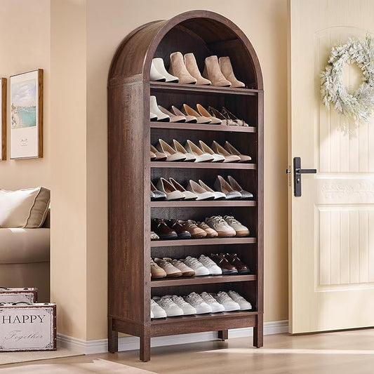 71" Tall Arched Shoe Storage Cabinet, 7 Tiers 28 Pairs Wooden Shoe Rack with 3 Adjustable Shelves, Freestanding Shoe Closet Shelf Organizer for Entryway, Hallway, Living Room-Brown-NeatNest