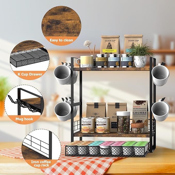 Coffee Station Organizer, 3 Tier Bar Organizer for Countertop, Mug Cup Holder Stand With 12 Hooks and 28 K Cup Storage for Kitchen, Home & Office, Rustic Brown-NeatNest
