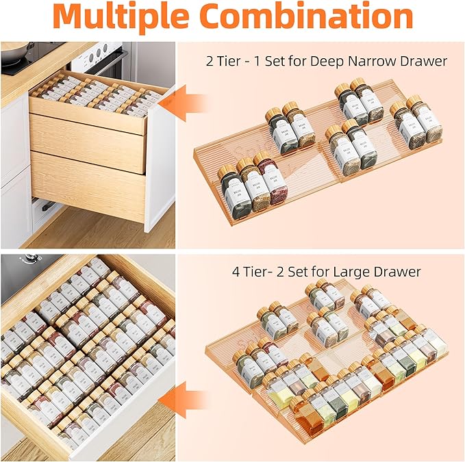 Spice Drawer Organizer, 4 Tier- 4 Pack Amber Acrylic Drawer Seasoning Organizer, Expandable From 11'' to 22'' Kitchen Spice Rack Organizers and Storage for Drawer (Jars not included)
