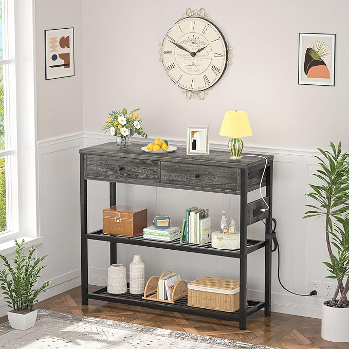 Ecoprsio Entryway Table with Outlets and USB Ports, Small Console Table with 2 Drawers, Sofa Table with Storage Shelves for Living Room, Couch, Hallway, Foyer, Kitchen Counter, 32'', Grey Oak-NeatNest