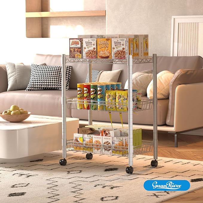 3 Tier Wire Shelving Wire Basket Shelf Storage Cart Adjustable Metal Shelf 2 Bottoms for Choose(Castor or Leveling Feet) for Office,Kitchen,Bedroom,Silver(23.23" L x 13.11" W x 32.28" H)