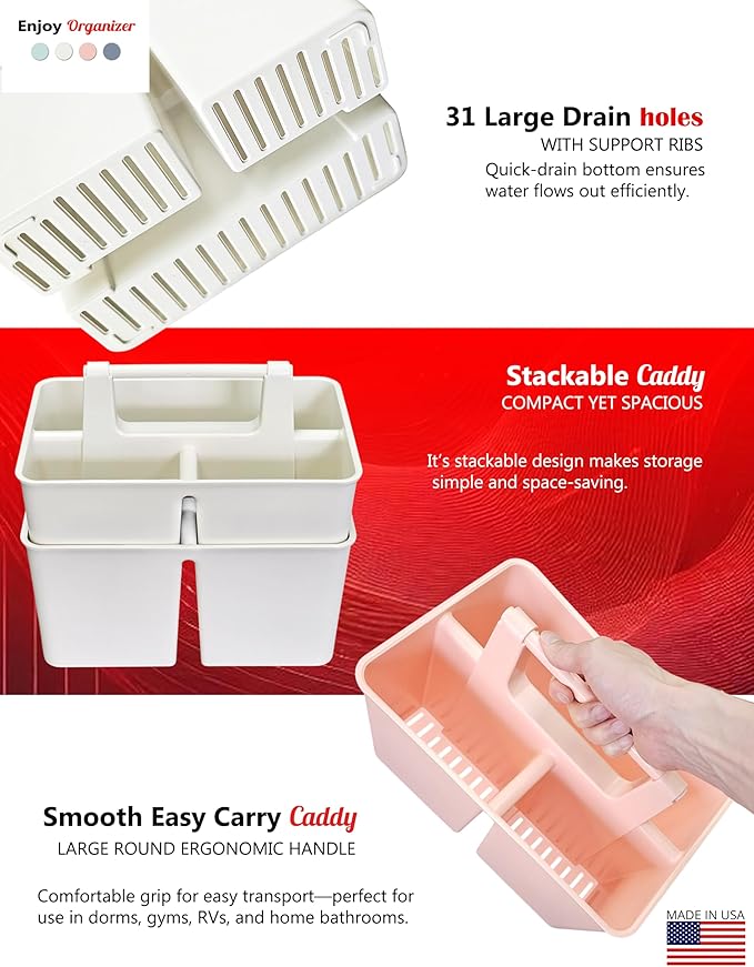 Shower Caddy Organizer with Handle, 3 Compartments, Portable Storage Bin for Bathroom, Dorm, Gym -Made In USA (Ivory)