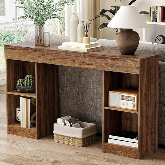 55 Inches Console Table,4 Cubes Narrow Entryway Table,3 Tier Wood Behind Couch Sofa Table,TV Console with Storage for Living Room,Hallway,Entrance,Foyer (Striped Brown)-NeatNest