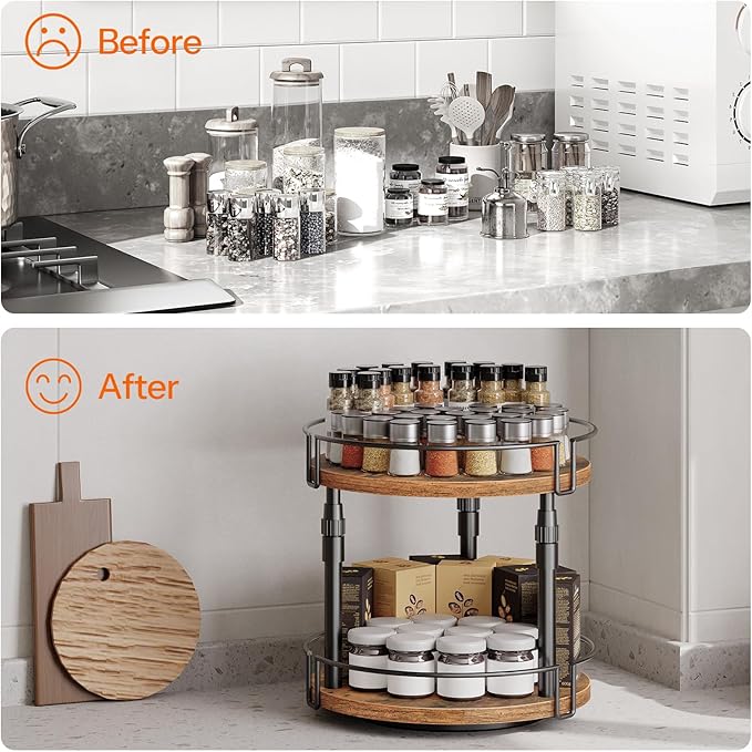 HOOBRO Lazy Susan Organizer Spice Rack, 2-Tier Height Adjustable Rotating Lazy Turntable Spice Organizer, for Kitchen Countertop and Cabinet, Rustic Brown BF05TL01-NeatNest