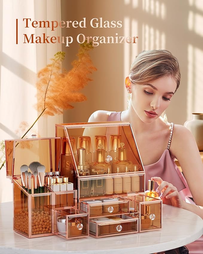 Glass Makeup Storage for Vanity and Bathroom Countertop – Large Cosmetic Display Case and Skincare Storage Solution