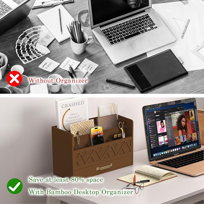 Bamboo Mail Organizer Countertop Wood Desk Organizer Drawer Tabletop Storage Box Letter Sorter Makeup Organizer for School Home Office Supplies Brown-NeatNest