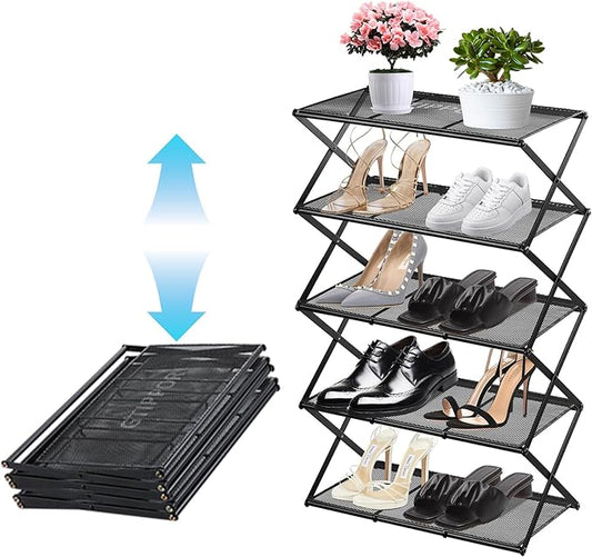 Shoe Rack for Entryway 5 Tier Foldable Shoe Rack Without Assembly Collapsible Metal Shoe Organizer Folding Shoe Storage Rack for Door, Living Room, Black-NeatNest