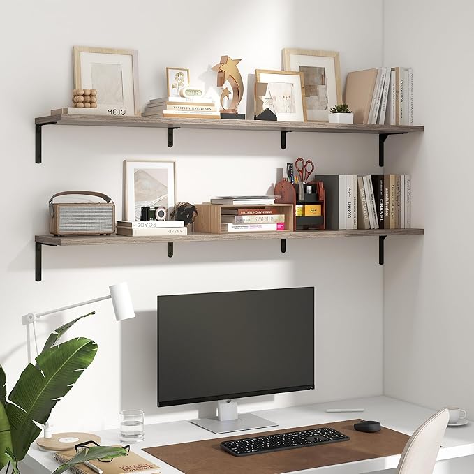 Fun Memories Deep Floating Shelves, 55W x 8D Floating Shelves Set of 2, Wall Mounted Shelf with Metal Brackets, Rustic Wood Wall Shelf for Bathroom, Kitchen and Living Room, Grey-NeatNest