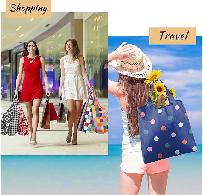 BeeGreen Reusable Grocery Bags Geometry Design - Pack of 6 Foldable Totes for Women with Pouch,X-Large 50lbs Capacity Machine Washable Polyester Sturdy Shopping Bags for Women Travel Shopping-NeatNest