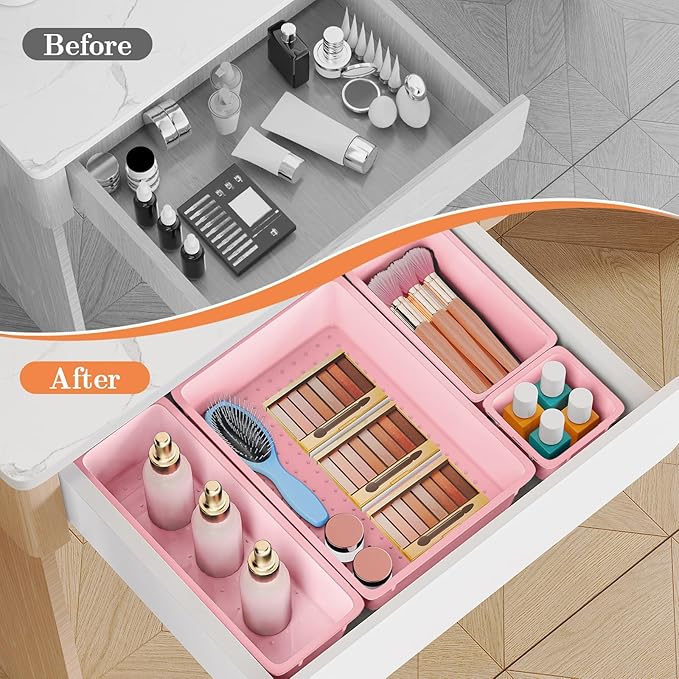25 PCS Plastic Drawer Organizer Set, 4-Size Versatile Organizer Trays & storage Bins for Makeup, Jewelry, and Gadgets in Bathroom, Bedroom and Office, Pink-NeatNest