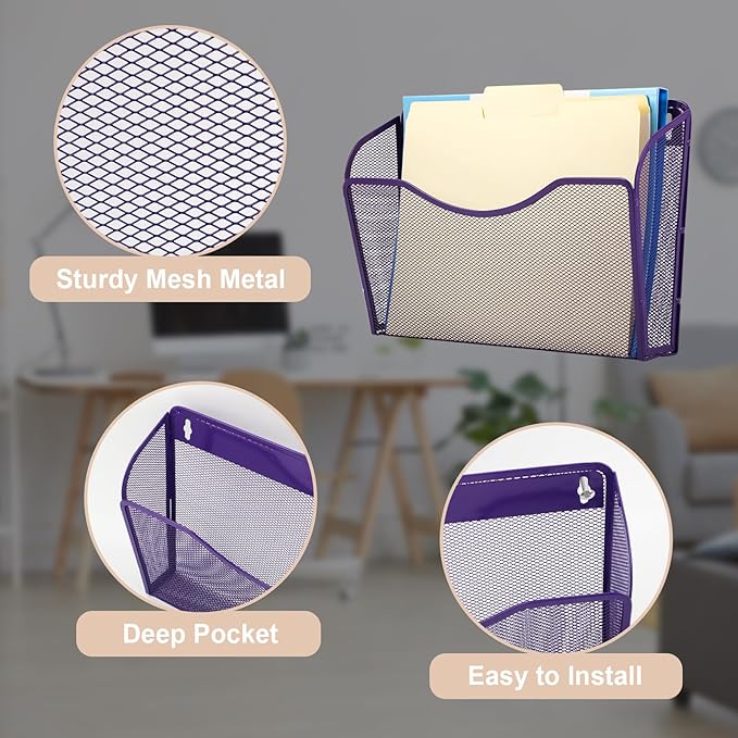 EASEPRES 3 Single Pocket Mesh Hanging File Organizer, Vertical Wall Mounted Magazine File Holder, Mount Basket Mail Paper Document Folder Organizing for Office, Home and School, Purple