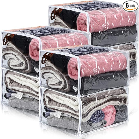 6 Packs Clear Zippered Storage Bags Sweater Moth Bags Plastic Storage for Blankets Clothes Bed Sheet Organizer with Zipper for Closet Linen Sweater Bed Sheet Clothes Pillow(18 x 15 x 9 Inch)