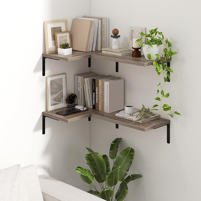 Fun Memories Deep Floating Shelves, 16W x 8D Floating Shelves Set of 2, Wall Mounted Shelf with Metal Brackets, Rustic Wood Wall Shelf for Bathroom, Kitchen and Living Room, Grey-NeatNest