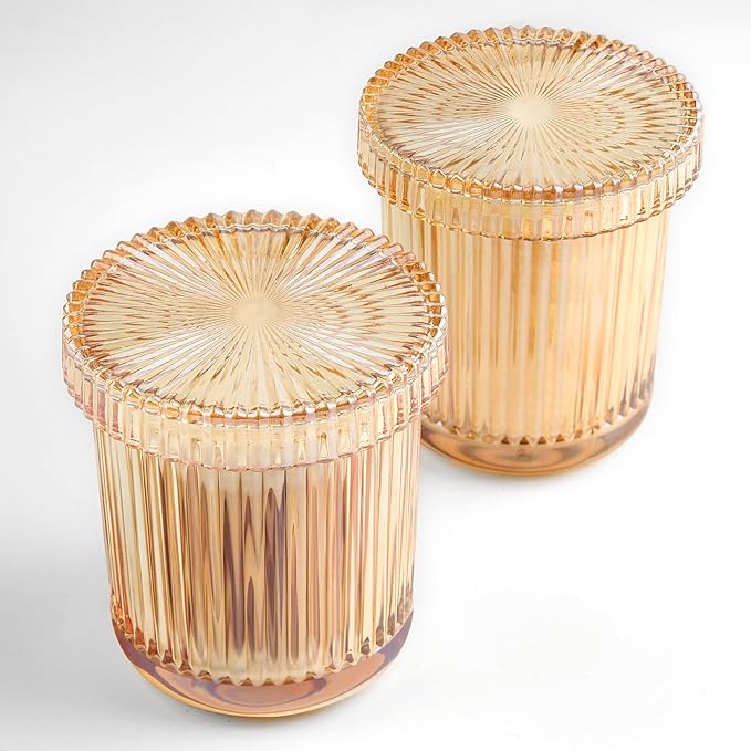 2 Pack Qtip Holder - Apothecary Jars with Lids, Bathroom Organizers and Storage Canister for Cotton Balls,Swabs,Floss Picks,Hair Ties,Clear Glass Vintage Bathroom Decor Jar Set (Amber)-NeatNest
