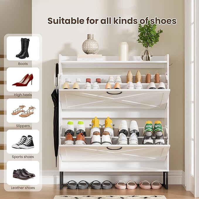 Shoe Cabinet with 2 Flip Drawers, Freestanding Shoe Organizer with Removable Hooks, Narrow Shoe Rack Cabinet for Entryway, Hallway, Living Room, White
