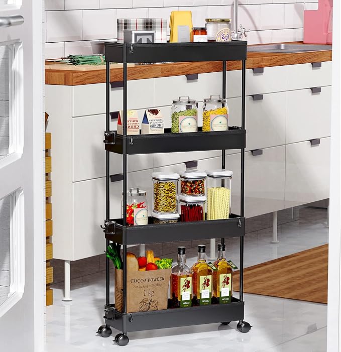 SPACEKEEPER Slim Rolling Storage Cart 4 Tier Bathroom Organizer Cart Mobile Shelving Unit Slide Out Utility Cart for Kitchen, Bthroom, Makeup, Craft, Laundry Narrow Places, Black