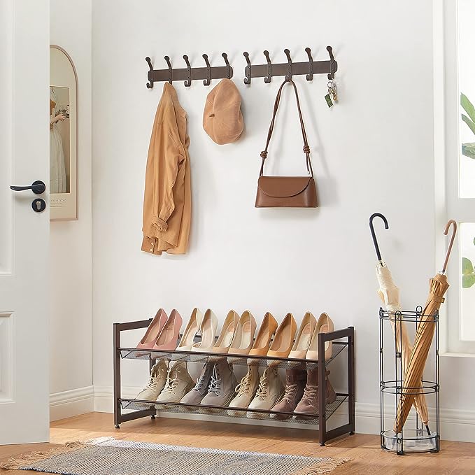 SONGMICS Shoe Rack, 2-Tier Shoe Organizer, Metal Shoe Storage for Garage, Stackable Shoe Shelf, with Adjustable Flat or Angled Shelves, 8-10 Pairs, Bronze ULMR02A-NeatNest