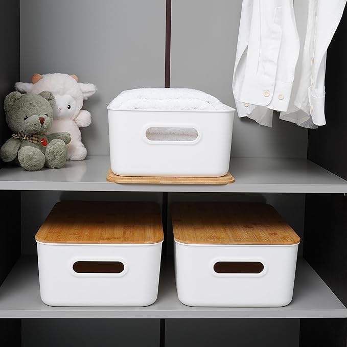 Citylife 2 PCS Storage Bins with Bamboo Lids Plastic Storage Containers for Organizing Stackable Storage Box with Handle, 15.16 x 10.79 x 5.83 inch-NeatNest