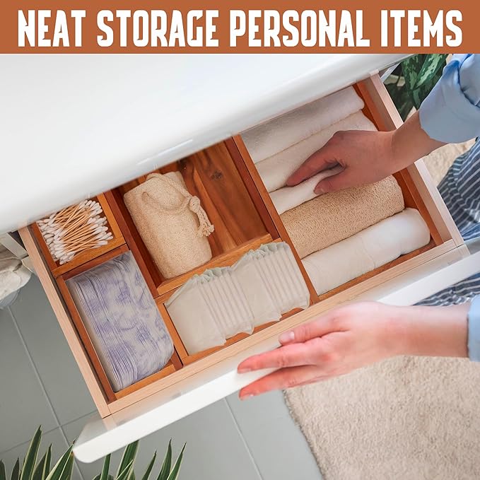 Demigo Acacia Drawer Organizer Set of 5, Cabinet Container Box, Wood Bin Set in Varied Sizes, Dividers Holder for Storage Cooking Utensils Spices Tea Bags Foods Office Items (Brown)-NeatNest