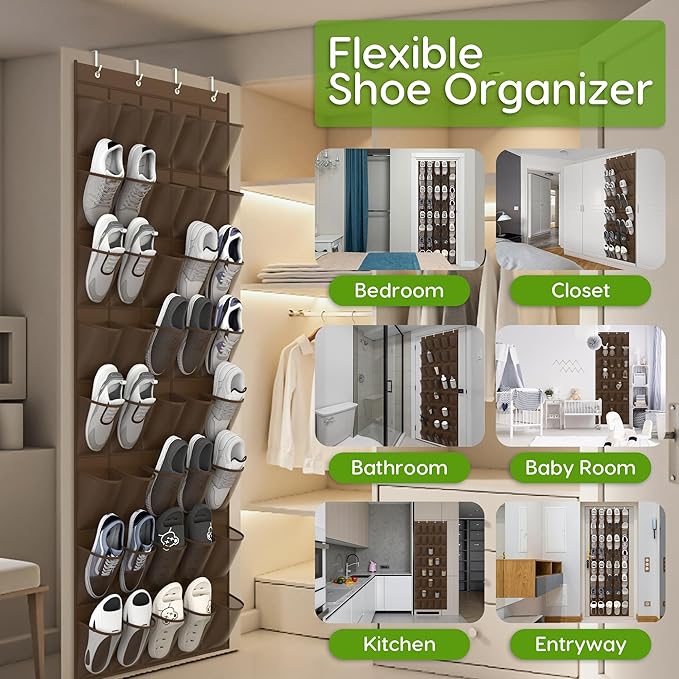 Unjumbly Over the Door Shoe Organizer with 40 Large Breathable Mesh Pockets, Space Saving Shoe Holder, Hanging Shoe Rack for Entryway Bedroom Closet Storage (Brown, 40 Pockets)-NeatNest