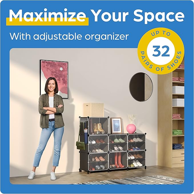 Shoe Organizer Cabinet Up to 32 Pairs, Shoe Closet-Covered Shoe Rack with See-Through Door (Clear, Plastic, Stackable) Cubby Portable Shoe Organizer with Covers, Hooks & Pockets, Black-NeatNest