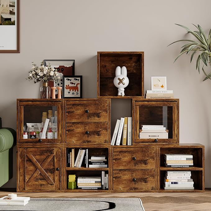 FUSUNBAO Magic DIY Cube Storage Organizer Stackable Cubes for Home Books Clothes Toy-Modular Cubby Storage System-Office Cubical-Bookcase Closet(Antique Brown, Glass Door Cube)-NeatNest