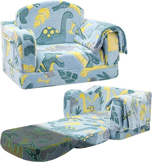 Comfy Toddler Chair and Couch for Kids with Blanket,2-in-1 Soft Plush Fold Out Toddler Couch for Girls and Boys,Convertible Sofa to Lounger for Playroom,Glowing Dinosaur-NeatNest