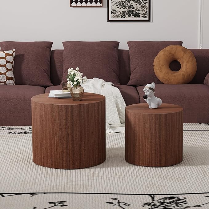 Round Nesting Coffee Table Set of 2 Modern Wood Coffee Tables Handcraft Drum Coffees Table Farmhouse Round Sofa Side Tables End Table for Living Room Small Spaces (Dark Wood)