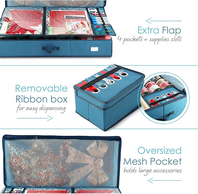 Hearth & Harbor Wrapping Paper Storage Container - Christmas Storage Bag with Ribbon Dispenser and Interior Pockets - Gift Wrap Organizer Fits Up to 26 Rolls of 40" Length, Blue-NeatNest