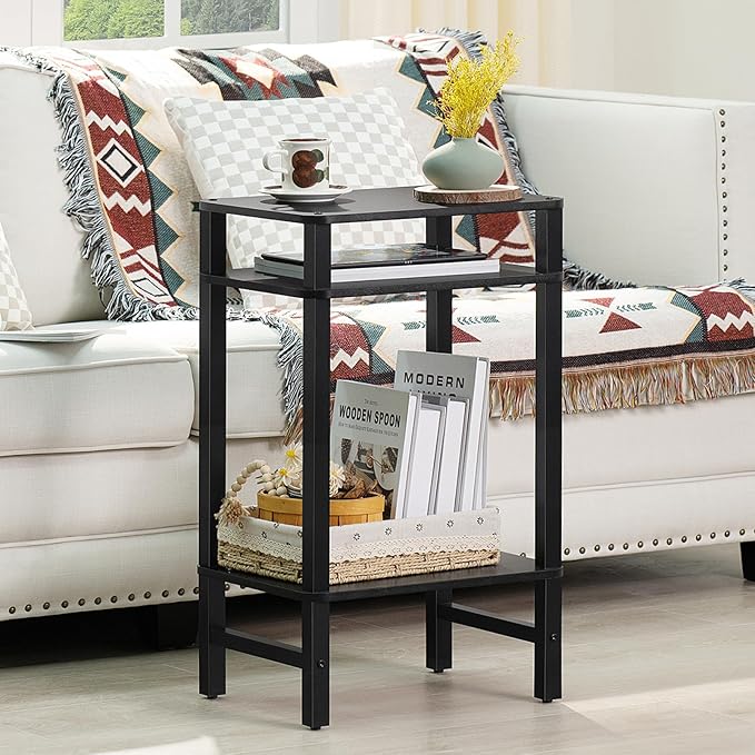28in Tall Side Table Set of 2, 3-Tier Small Narrow End Table for Couch, Skinny Nightstand for Small Space, Farmhouse Slim Night Stand with Storage, Wooden Frame Thin Bedside Table, Black