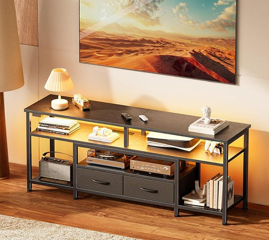 Huuger TV Stand for 55 60 Inch TV, Entertainment Center with Power Outlets and LED Lights, 54 Inch TV Console for Living Room, Media Console with Drawers and Shelves, Black-NeatNest