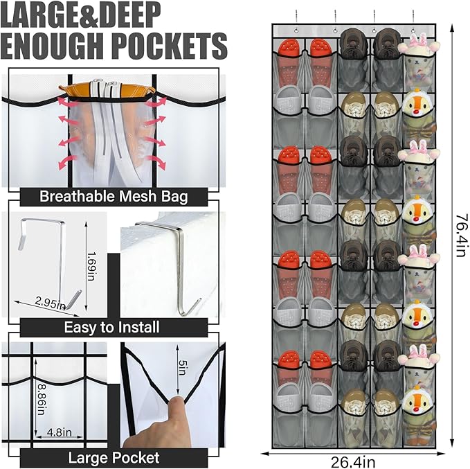 Windyun 40 Over the Door Shoe Organizer Large Mesh Pocket Hanging Shoe Rack for Closet Gray Nonslip Behind Door Storage Holder Back to School Organizer for Dorm Room College Classroom Storage-NeatNest