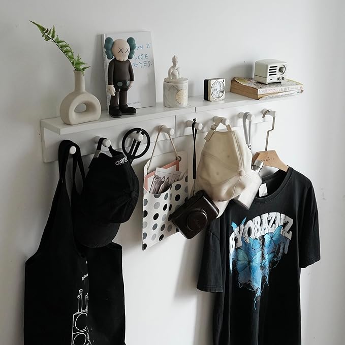 Entrance Coat Rack ，Coat Hooks, Wall-Mounted Wooden Hook Rack, Wall-Mounted Shelves are Very Suitable (White Finish-2)