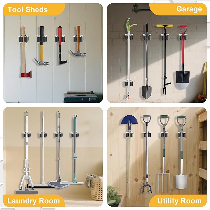 Broom Holder Wall Mount – 6 Pack Broom Rack with Star Shaped Rubber Rollers & Nickel Plated Brackets for Strong Grip and Long Life – Ideal for Garden Tools Organization-NeatNest