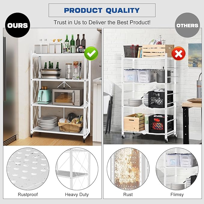 4-Tier Foldable Storage Shelf with Wheels – Heavy Duty Metal Collapsible Rolling Cart for Kitchen, Pantry, Closet, Office & Bathroom Organization, No-Assembly Storage Rack – White Metal Shelf