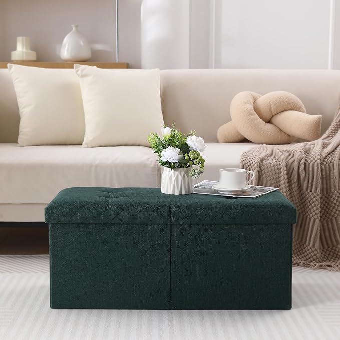 CUYOCA Storage Ottoman Bench Foldable Seat Footrest Shoe Bench End of Bed Storage with Flipping Lid, 75L Storage Space, 30 inches Linen Fabric Emerald, OT026DGN-NeatNest