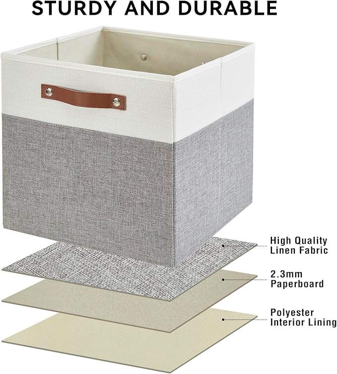 Collapsible Fabric Storage Cube Bins with 2 Reinforced PU Handles, Foldable Storage Organizer Baskets for Closet, Shelves, Living Room | 13"x13"x13", 4 Pack, Gray & White-NeatNest