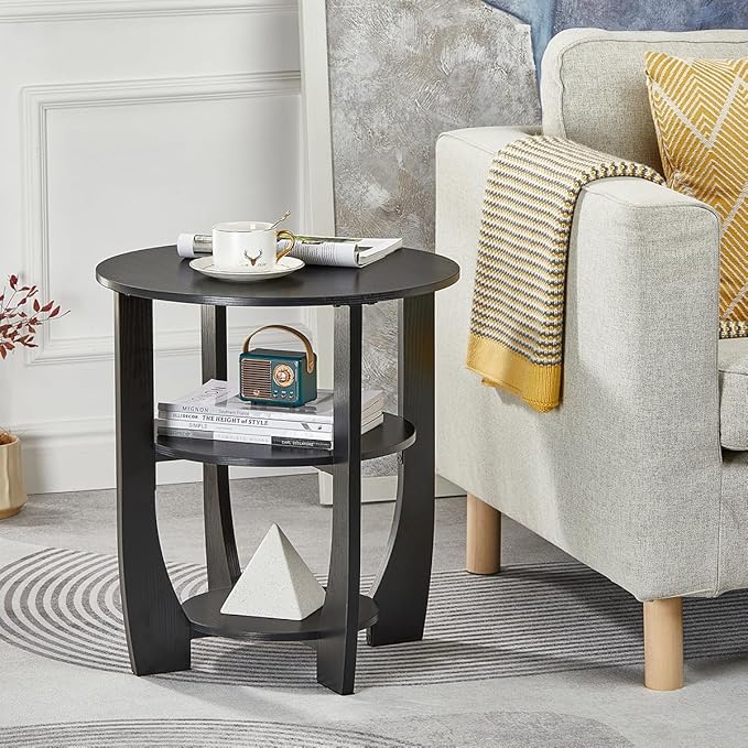 Round End Table with Storage Shelf,3 Tier Modern Side Table, Sofa Recliner Side Table,Accent Coffee Table,Nightstand for Living Room Bedroom for Small Spaces,19.7" D x 21.7" H